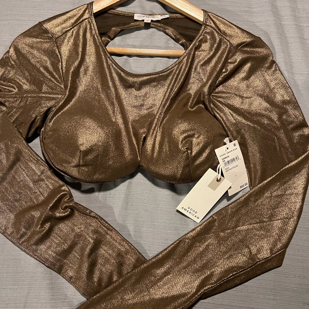 GOOD AMERICAN Sheer Mesh Underwire Long Sleeve Crop Top in Mocha Foil Size 3